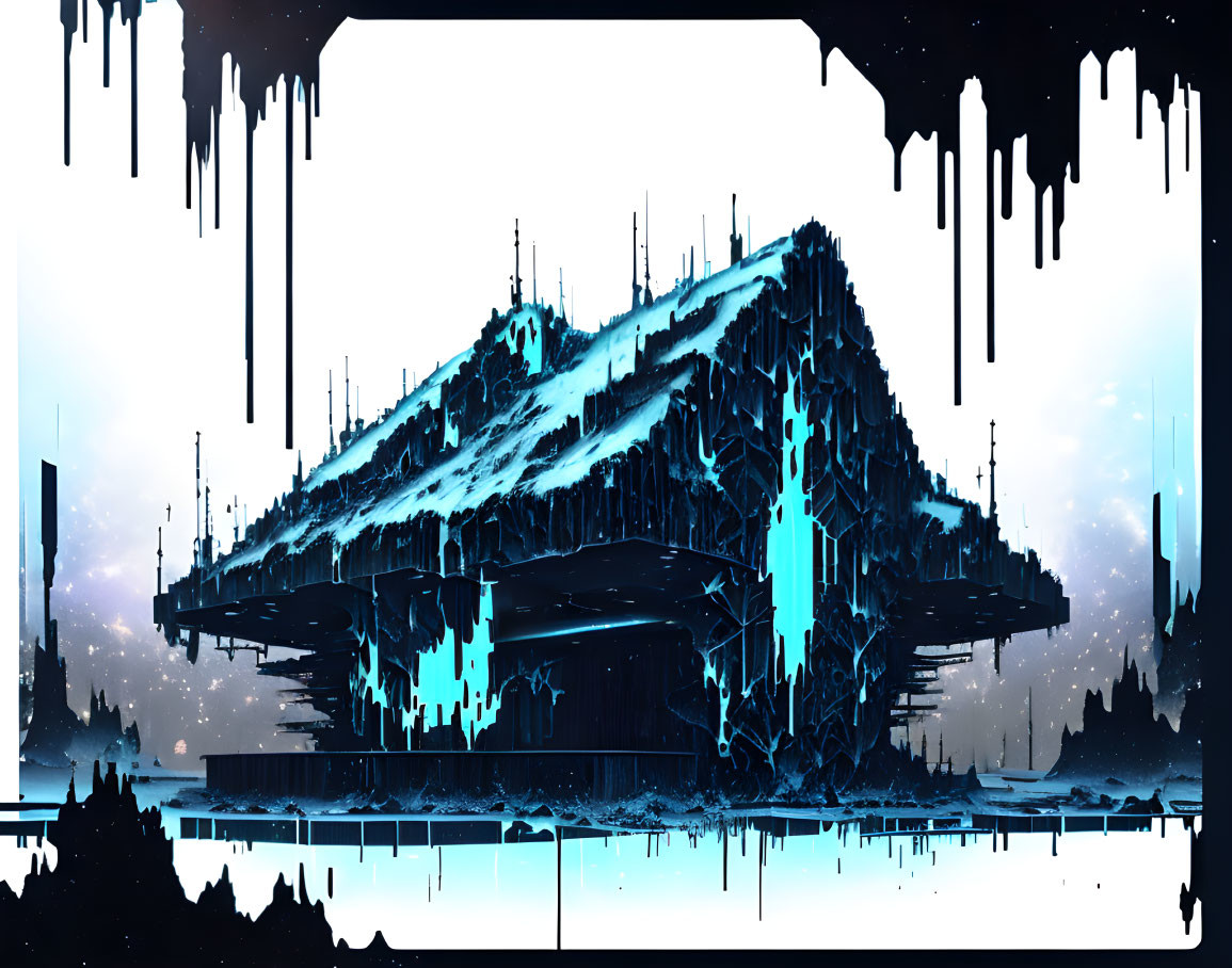 Futuristic floating mountain with icy features and blue glowing elements in starlit sky