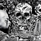 Detailed black and white illustration of ornate human figures and skull motifs