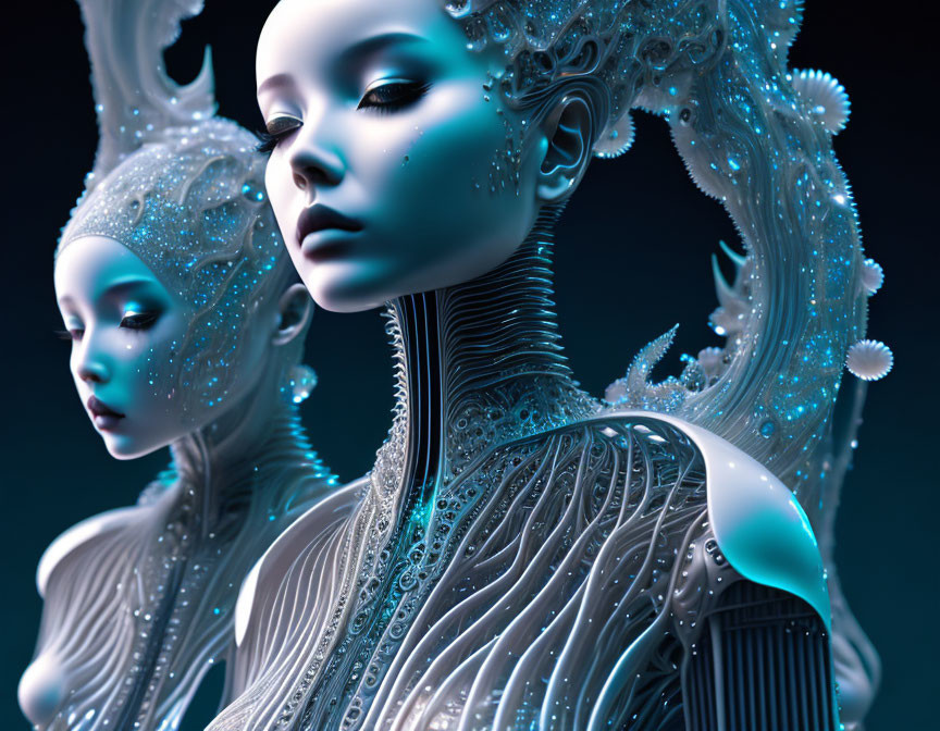 Artistic representation of two elegant female figures in cool-toned palette