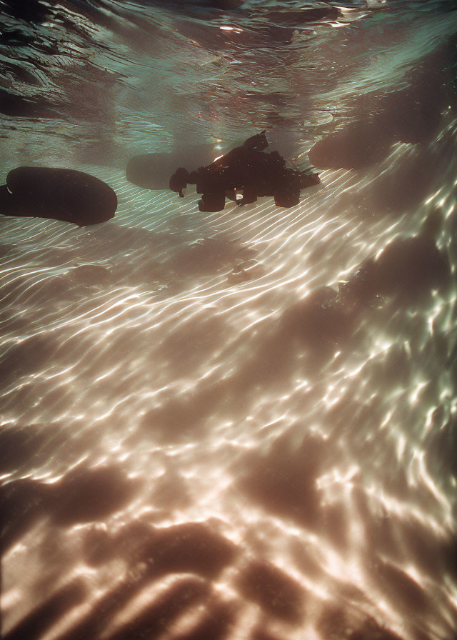 Diver above sandy sea floor with light rays underwater