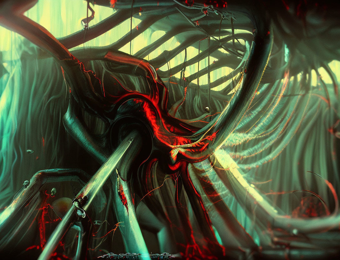 Organic surreal illustration with red and green hues depicting twisted vein-like structures and sinewy textures.