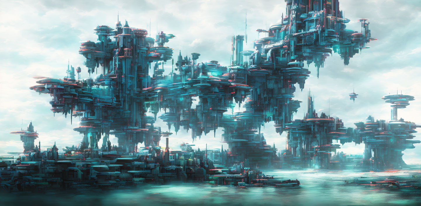 Futuristic cityscape with towering skyscrapers and flying vehicles