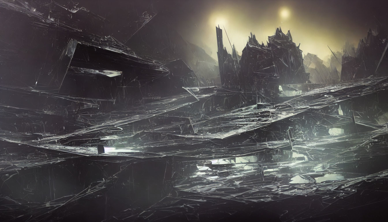 Dystopian landscape with shattered structures on dark, glassy surface