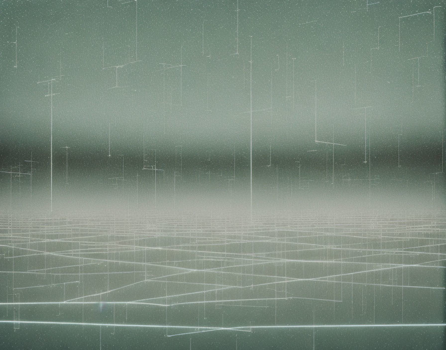 Surreal foggy landscape with grid lines and abstract shapes