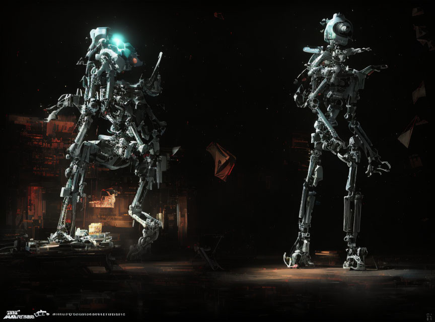 Two humanoid robots in dark, dystopian landscape with debris and dim lights.