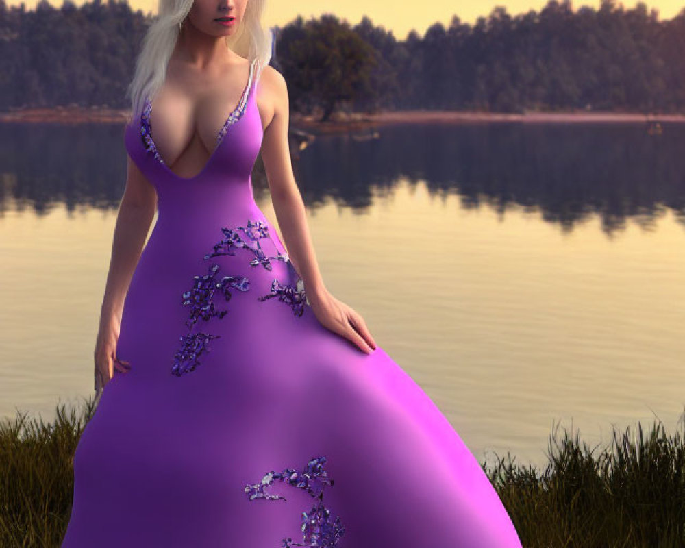 3D rendering of woman with white hair in purple gown by tranquil lakeside