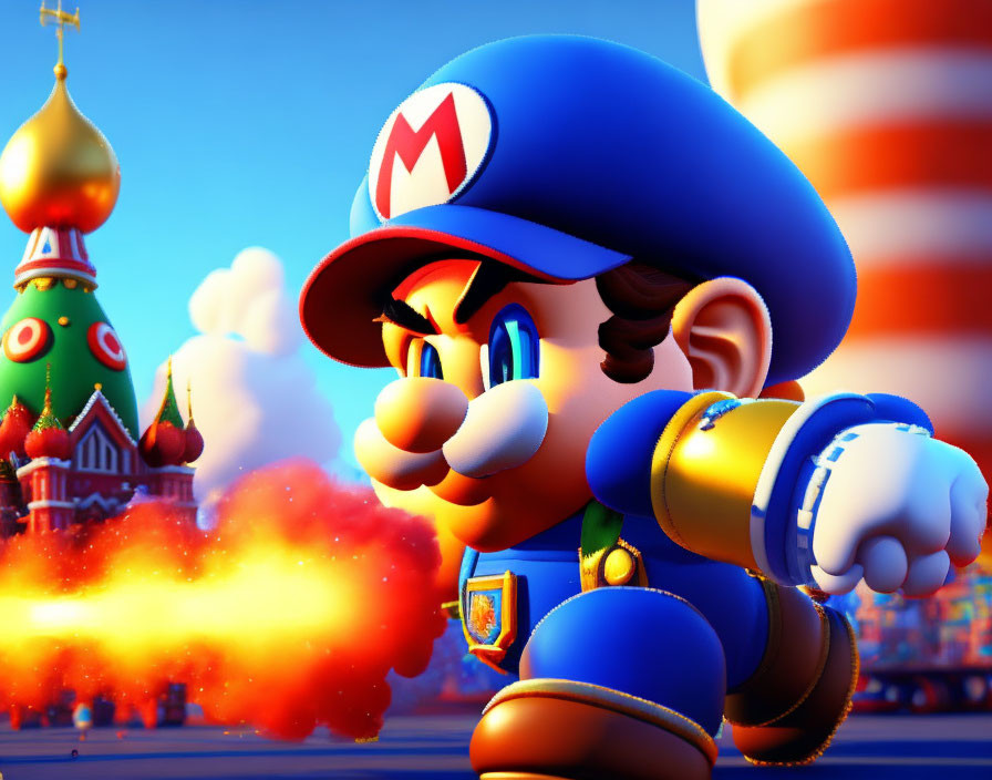 Digital render of Mario with cannon arm in Mushroom Kingdom backdrop