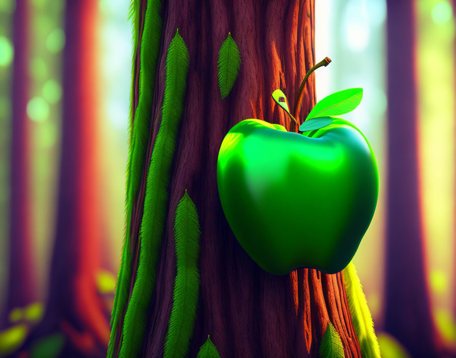 Green apple with leaf on moss-covered tree trunk in mystical forest