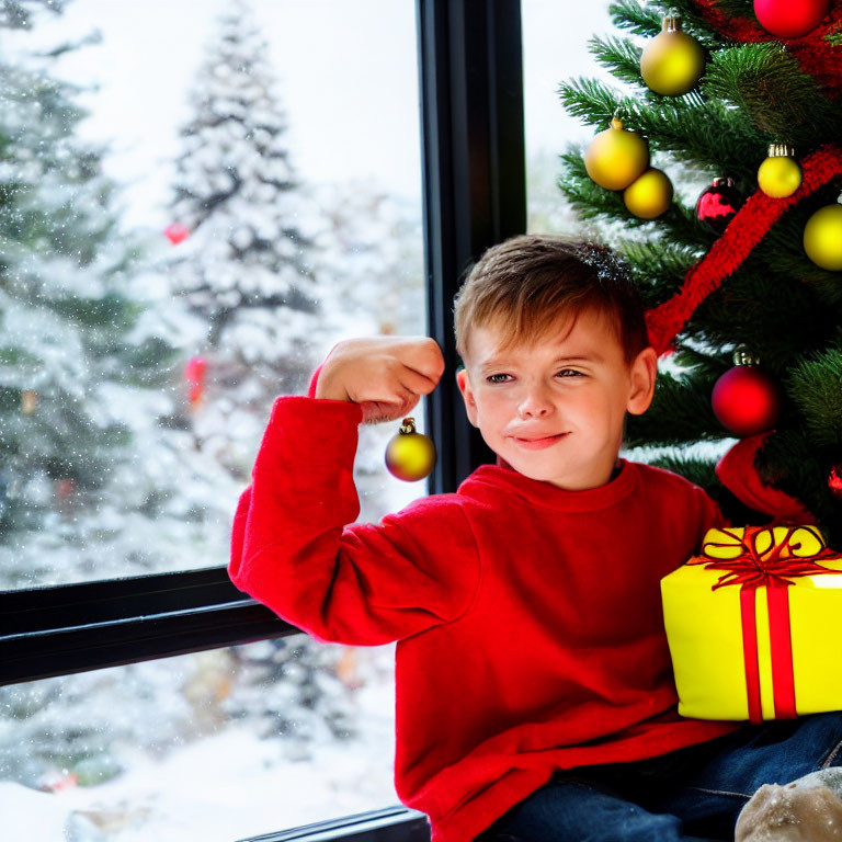 Smiling boy in red sweater flexes muscle by Christmas tree with gift, snowfall visible.