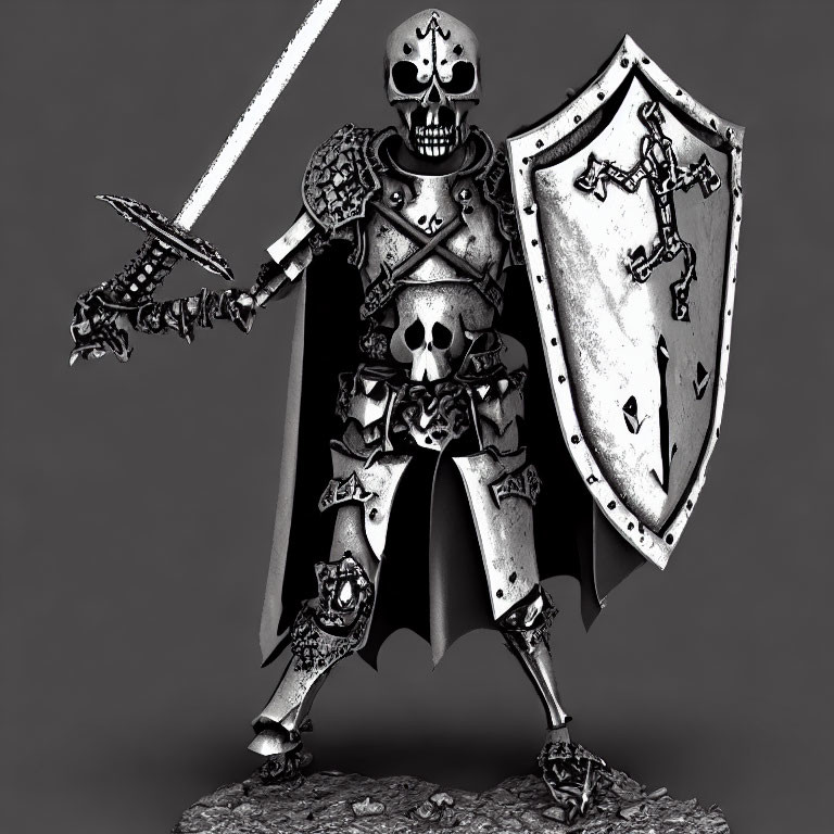 Menacing skeletal warrior in armor with sword and shield