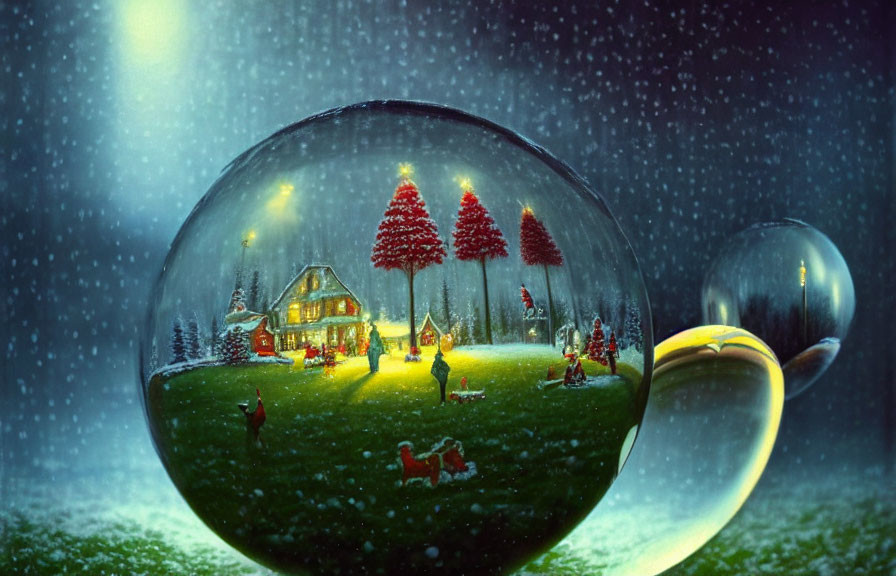 Transparent spherical bubble with festive winter scene encapsulated