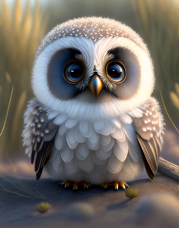 Animated owl with large eyes in grass with dewdrops