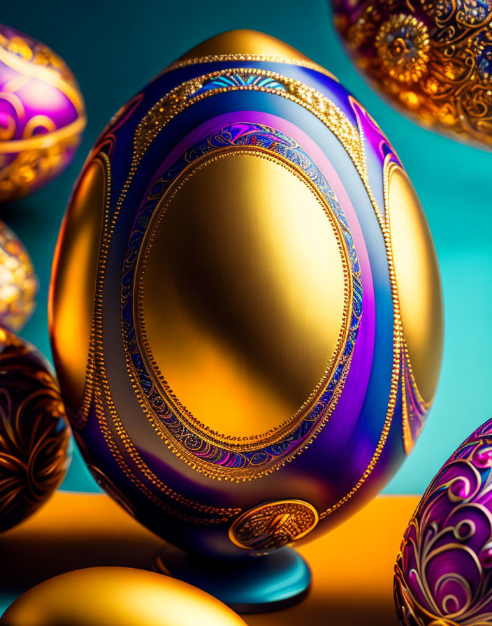 Colorful decorative eggs with gold and purple patterns on blue stand, set against teal background