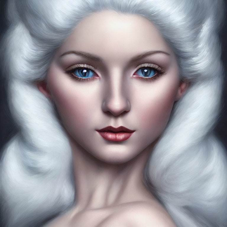 Digital portrait of woman with pale skin, blue eyes, red lips, and white hair