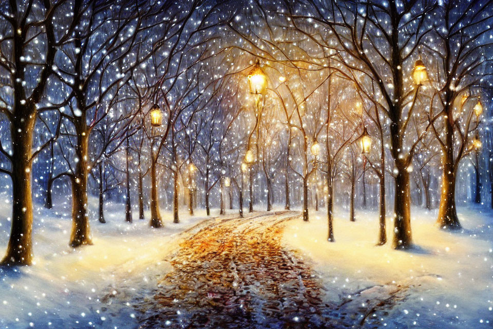 Snow-covered park with curving path and glowing street lamps at twilight