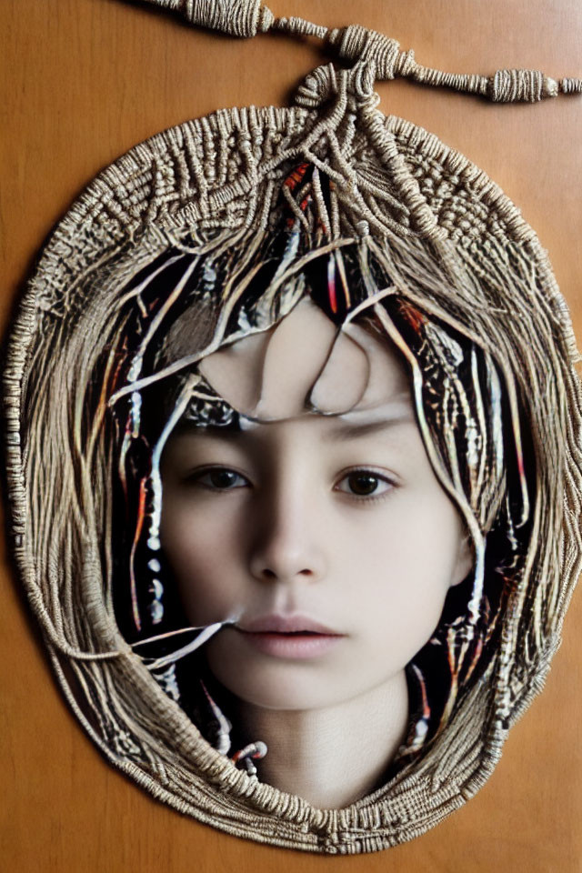 Child's Face Through Sliced Rope Artwork on Wooden Surface