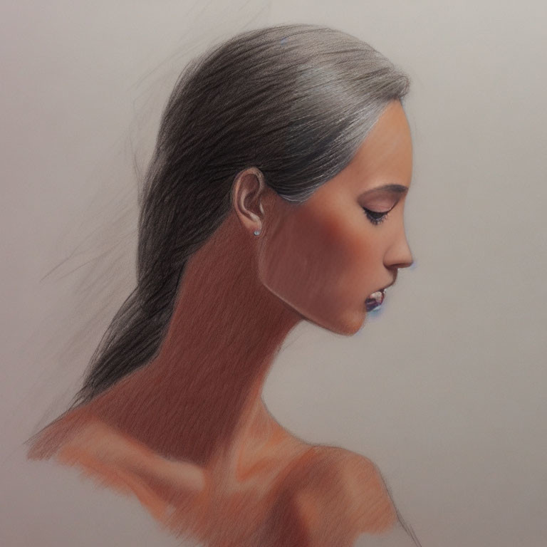 Detailed side profile sketch of woman with shaded facial features, hair, and neck