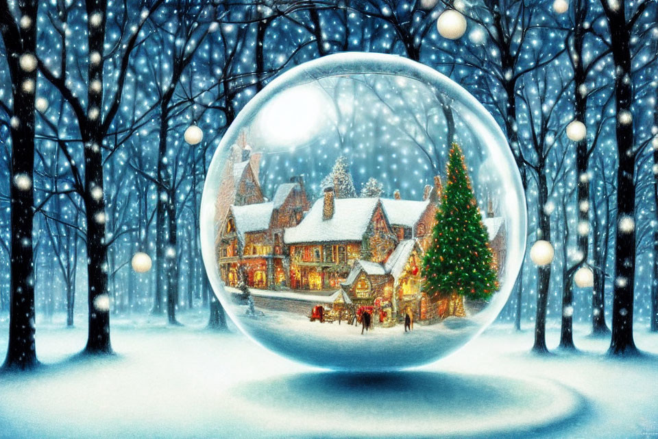 Winter Wonderland Snow Globe with Festive House and Christmas Tree