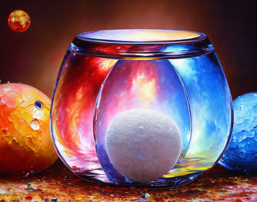 Colorful Glass Vessel with Textured Sphere and Cosmic Orbs