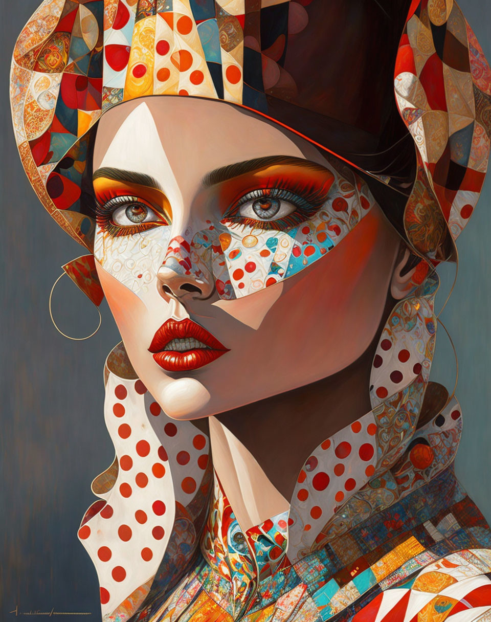 Stylized woman with bold makeup and vibrant clothing