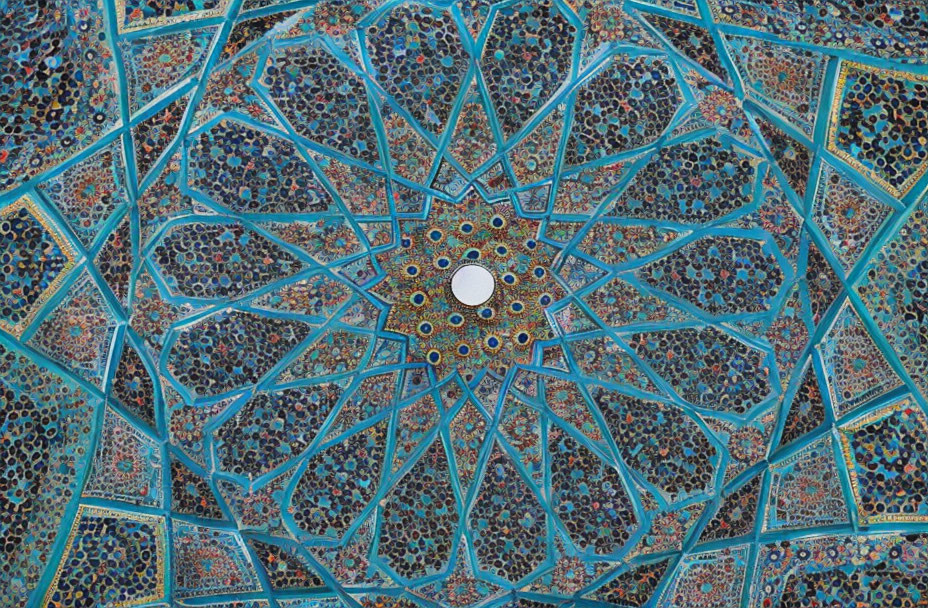 Detailed Islamic Geometric and Floral Patterns in Blue, Turquoise, and Brown on Domed Ceiling