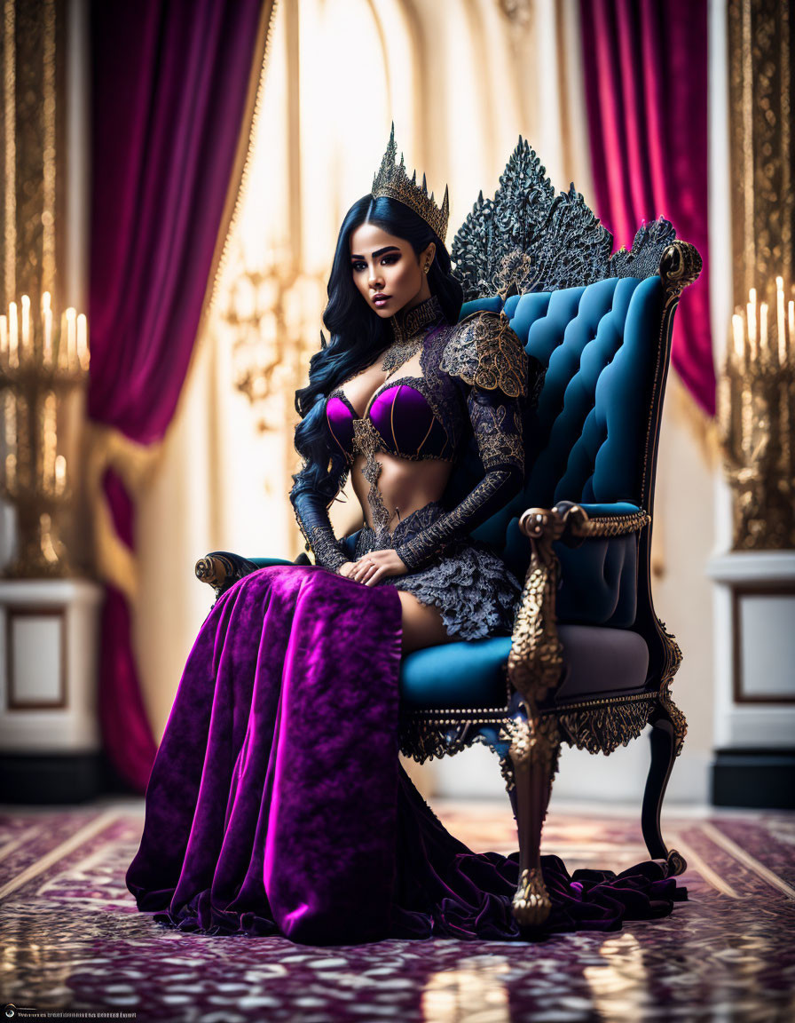 Regal woman in crown on blue velvet throne in luxurious room