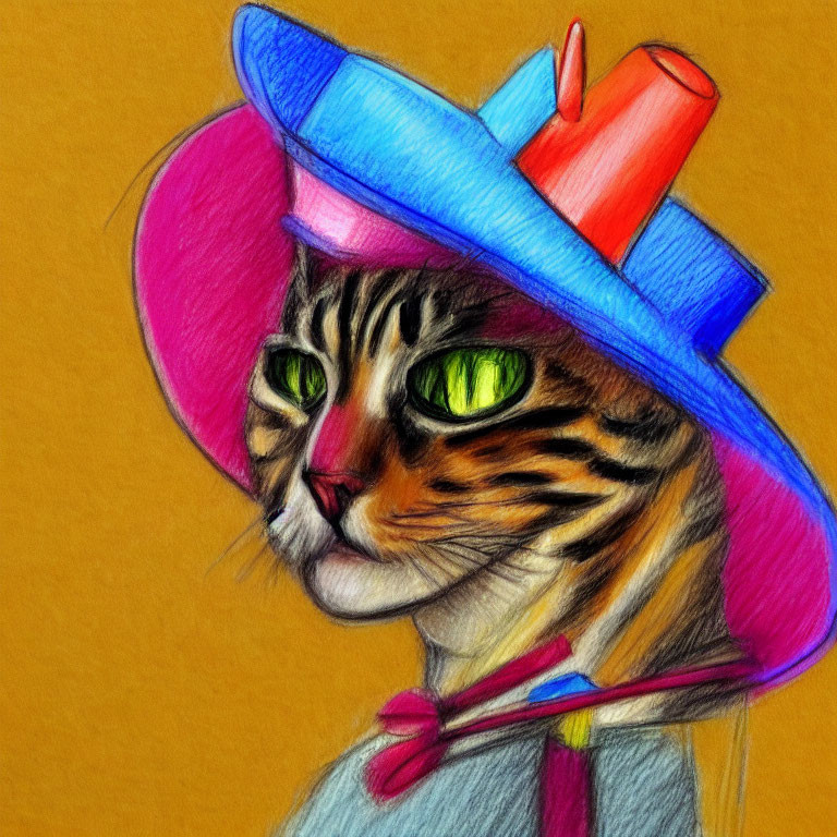 Colorful Tabby Cat Drawing with Whimsical Hat and Green Eyes on Golden Background