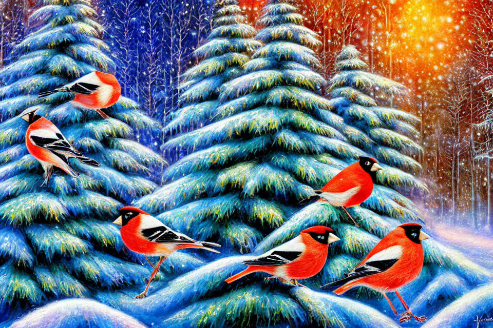 Vibrant painting of red cardinals on snowy fir trees under starry sky