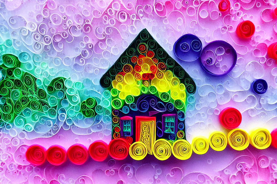 Colorful Quilled House with Floral Landscape on Bubble Textured Background