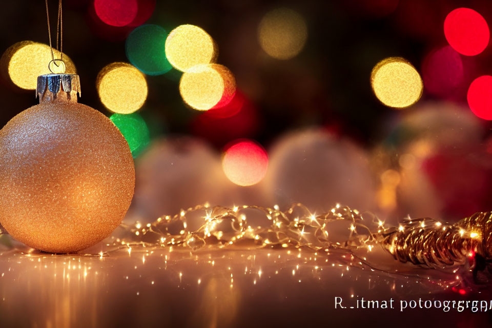 Golden Christmas Bauble with Colorful Holiday Lights in Background