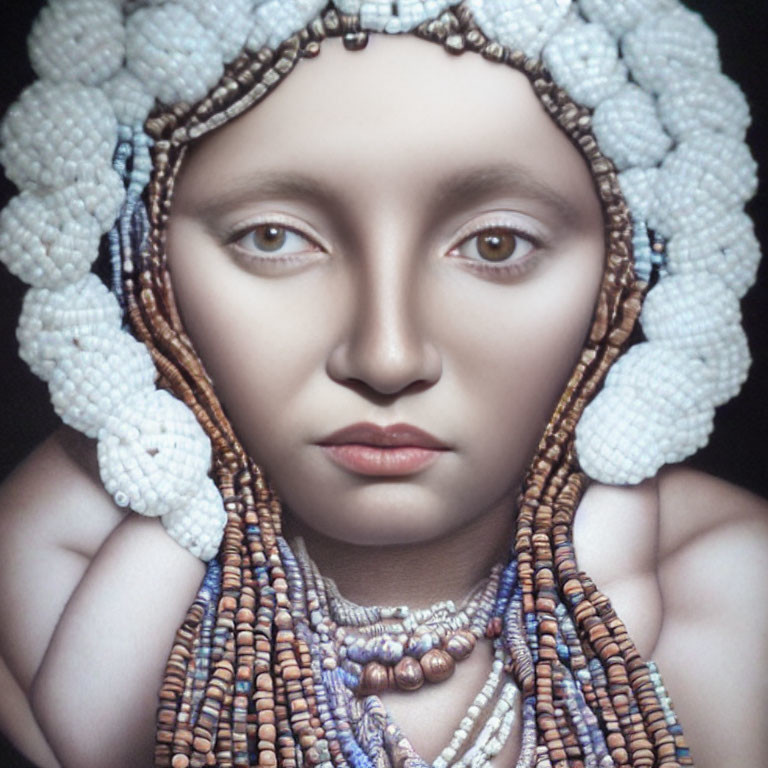 Portrait of a person with pale skin in colorful bead headdress and necklaces