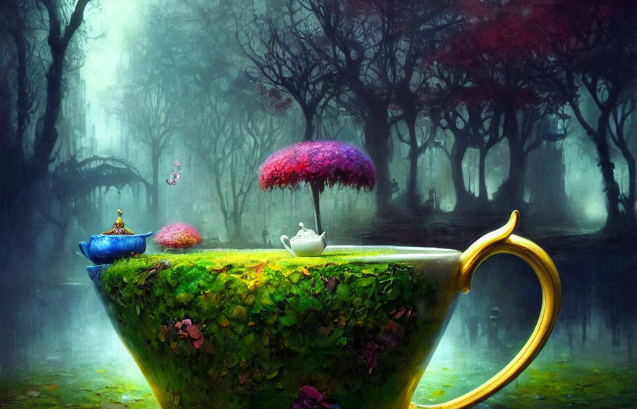 Oversized teacup with plants in enchanted forest setting