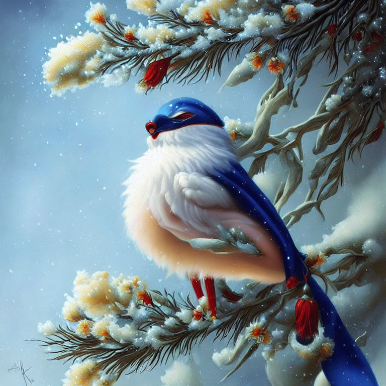 Blue bird with red beak perched on snowy branch with red berries and pine needles