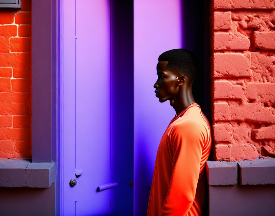 Profile of a man against vibrant blue-lit door and orange brick wall