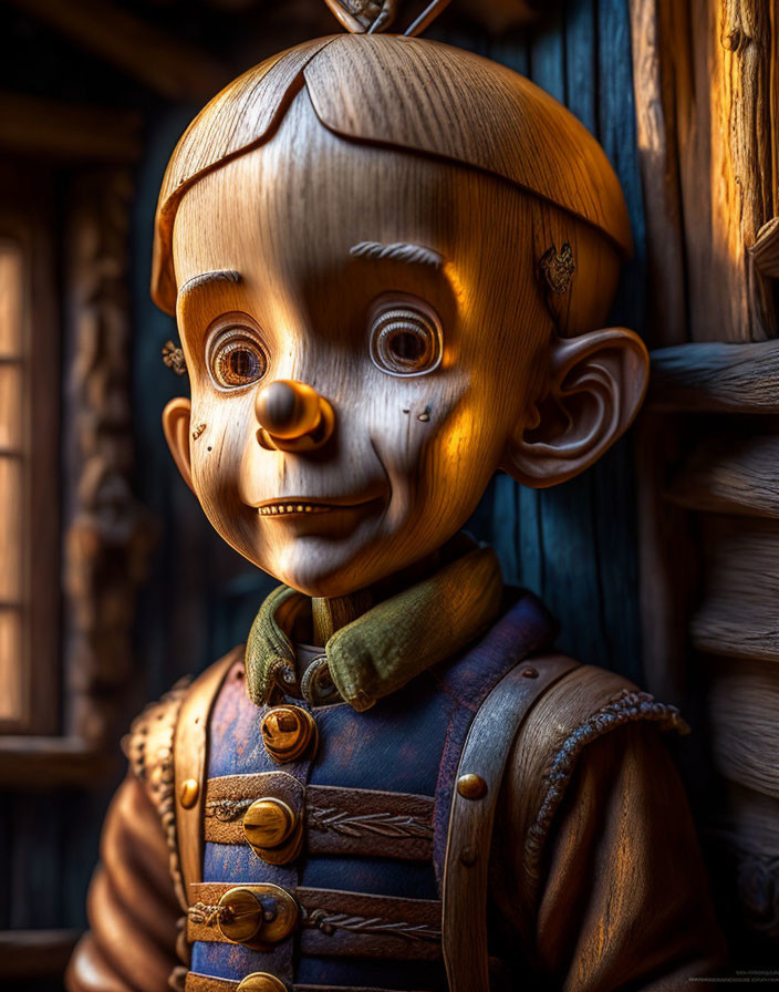 Realistic Pinocchio wooden statue with expressive eyes and smile in warm lighting