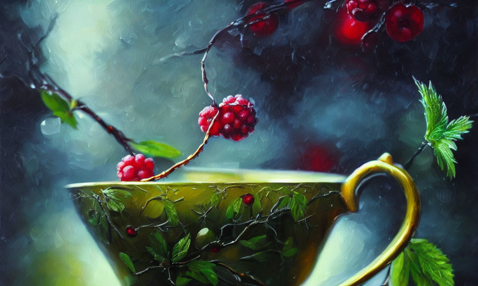 Golden cup painting with foliage, red berries, and raspberry cluster on raindrop-speckled background