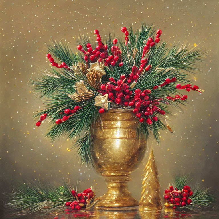 Festive holiday arrangement with red berries and green pine branches in golden vase