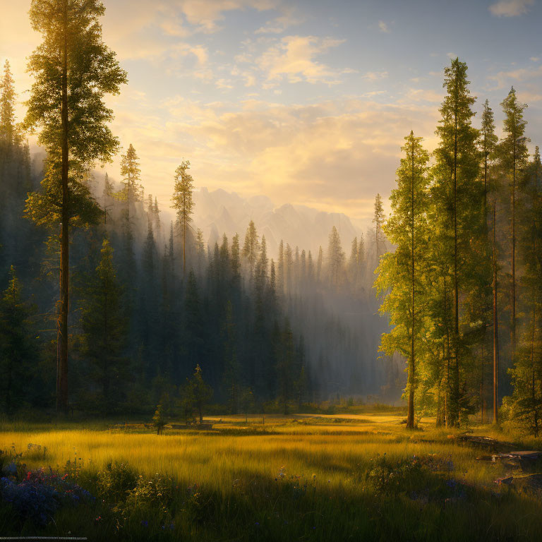 Sunrise in misty forest with towering trees and wildflowers.