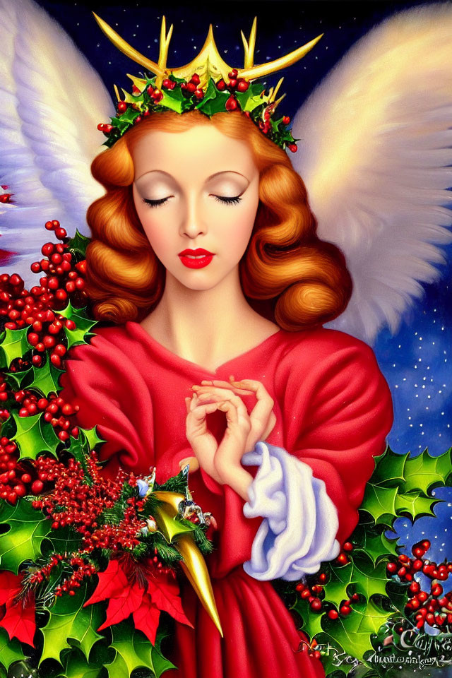 Serene angel with golden hair in red robe holding holly crown