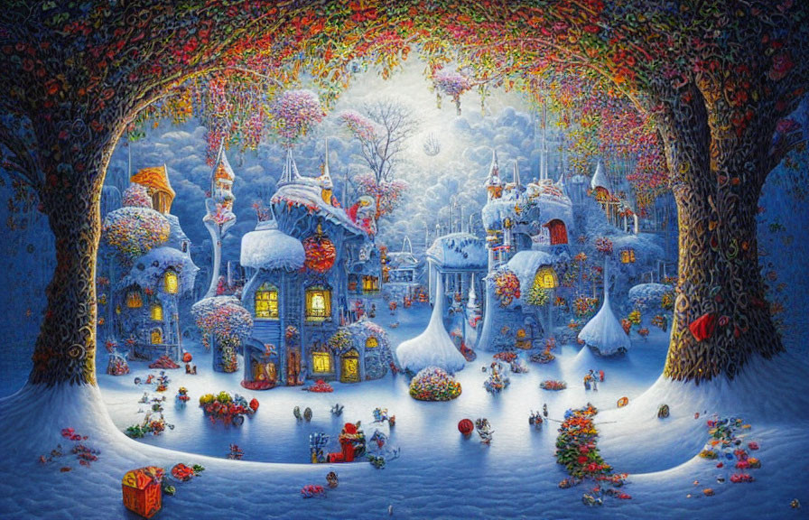 Whimsical winter village scene with snow-covered trees and colorful decorations