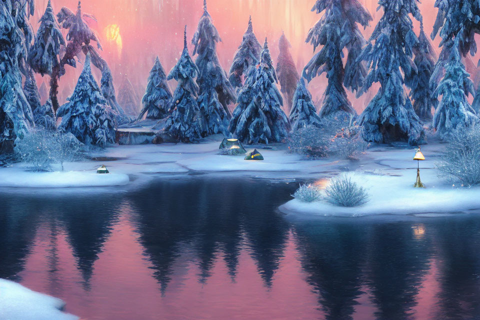 Twilight scene of snow-covered pine trees, frozen lake, lantern glow, and colorful tents.