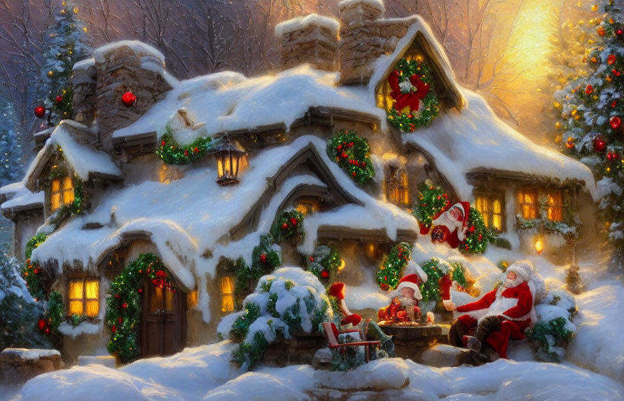 Festive snow-covered cottage with Christmas decorations and Santa and reindeer outside