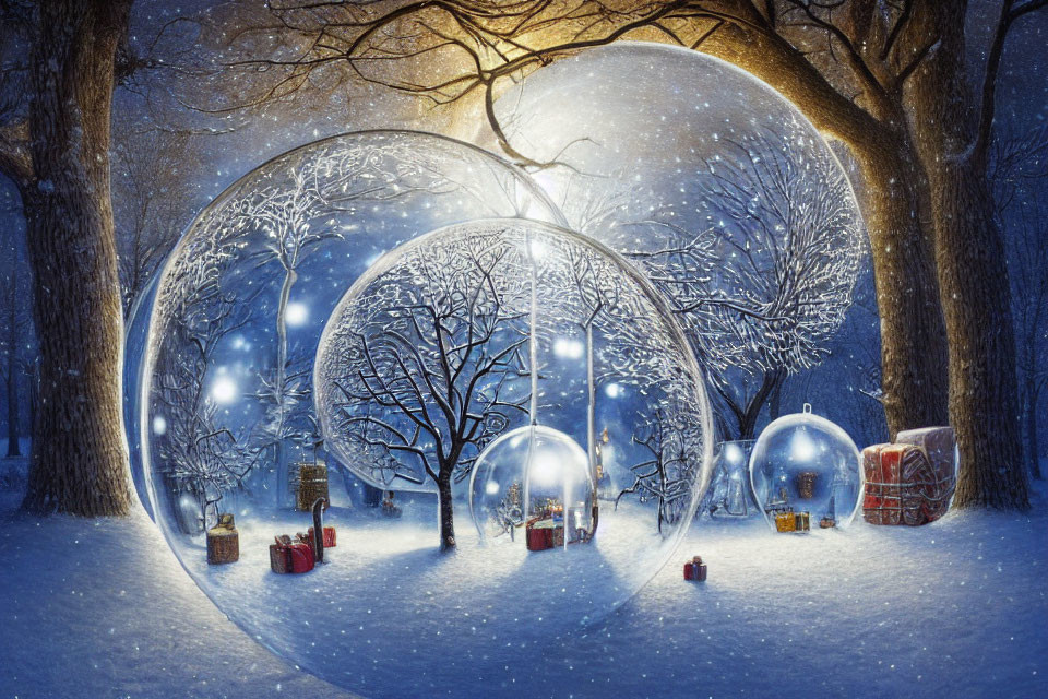 Winter scene with glowing bubbles, lanterns, and gifts under twilight sky