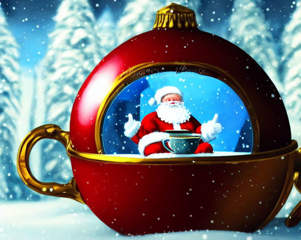 Smiling Santa Claus in Red Bauble Teapot with Winter Forest Background