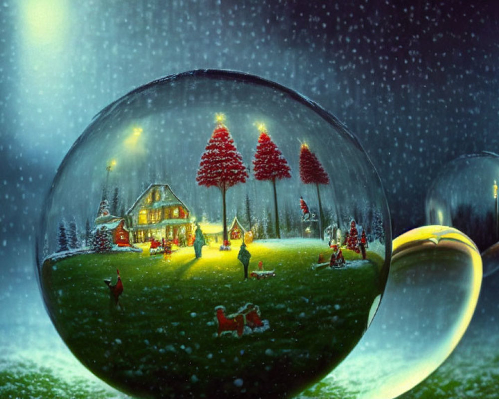 Transparent spherical bubble with festive winter scene encapsulated