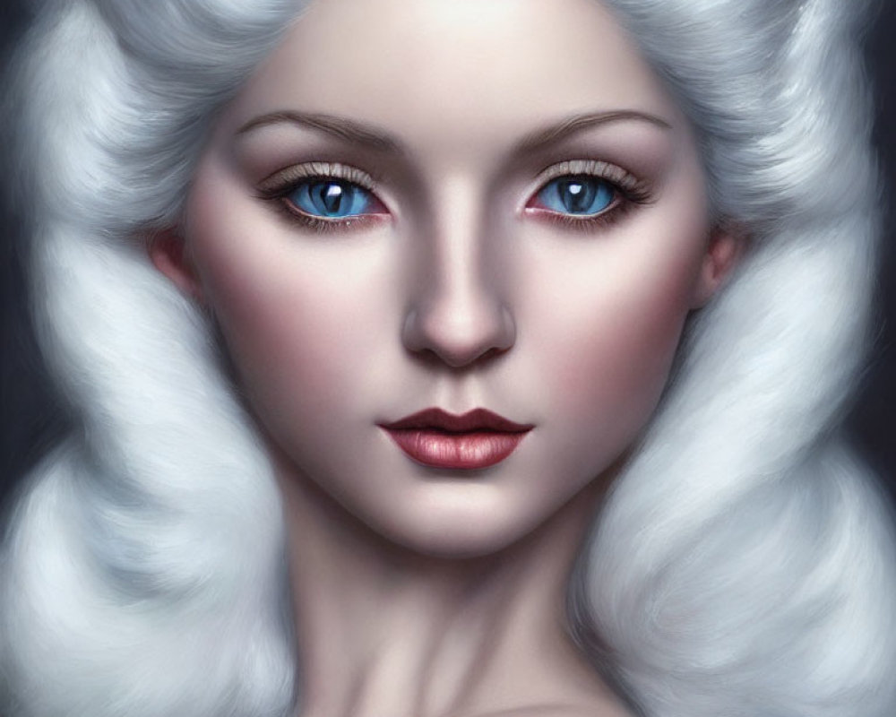 Digital portrait of woman with pale skin, blue eyes, red lips, and white hair