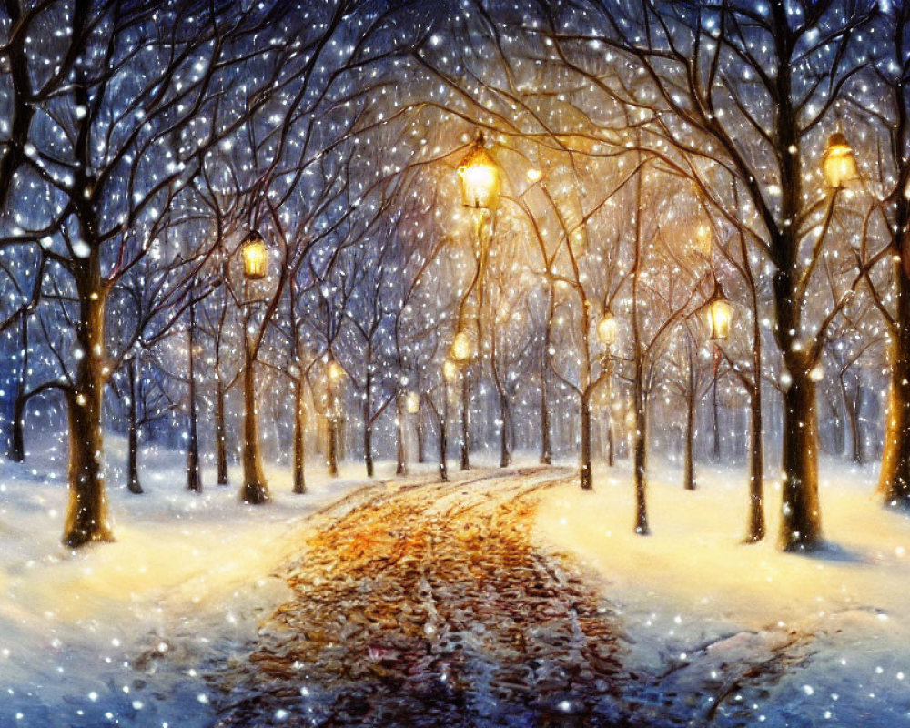 Snow-covered park with curving path and glowing street lamps at twilight