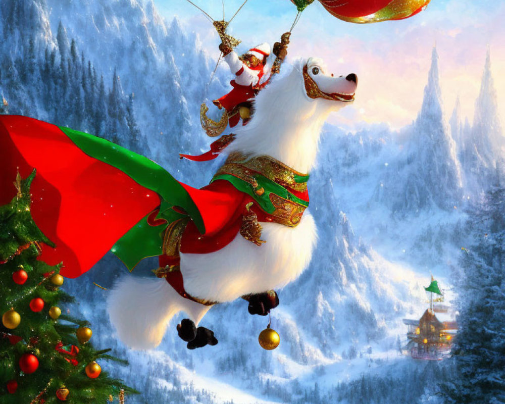 Illustration of Santa Claus on a flying white bear over snowy landscape