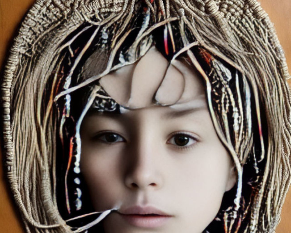 Child's Face Through Sliced Rope Artwork on Wooden Surface