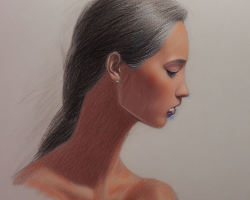 Detailed side profile sketch of woman with shaded facial features, hair, and neck